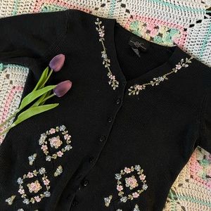Black floral embroidered button up cardi